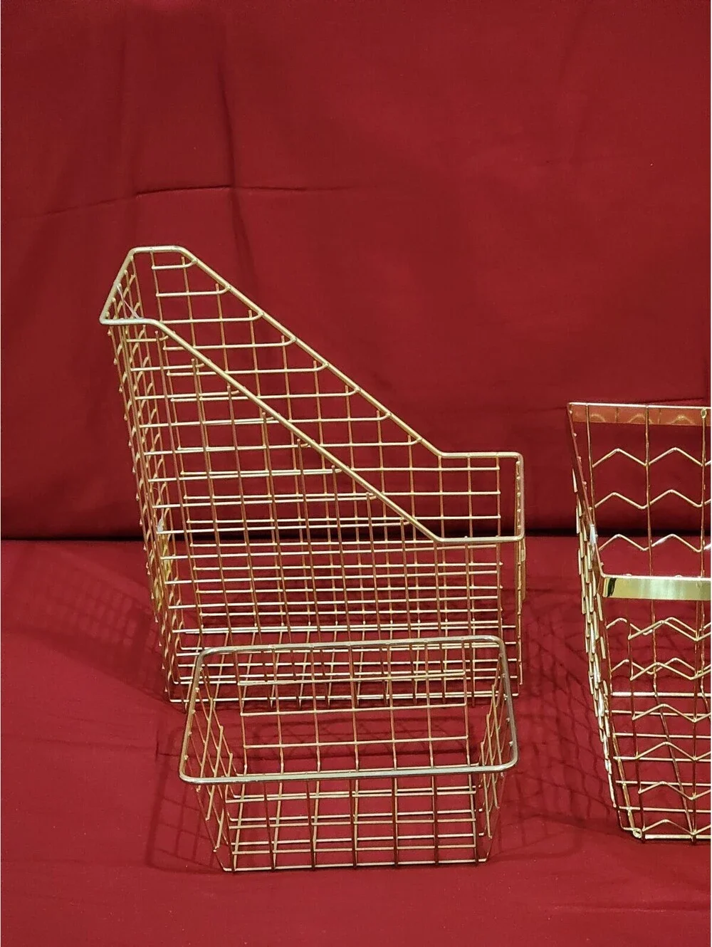 Lot of 3 Gold Tone Wire Baskets - 2 Large & 1 Small